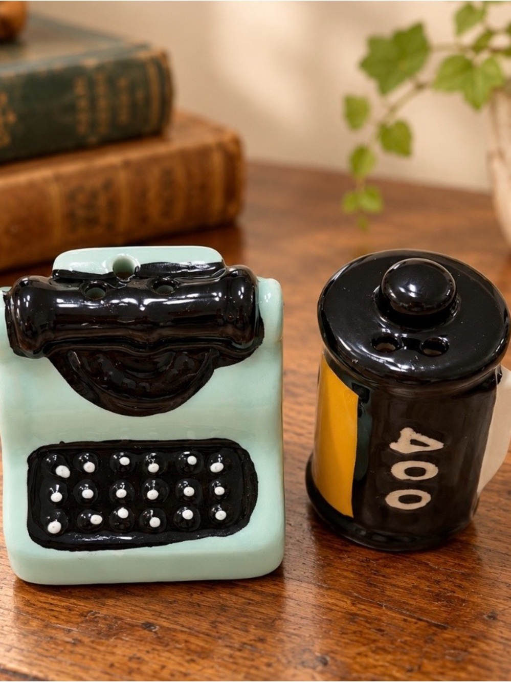 Cracker Barrel Mini Mint and Black Typewriter & Film Canister Salt & Pepper Set